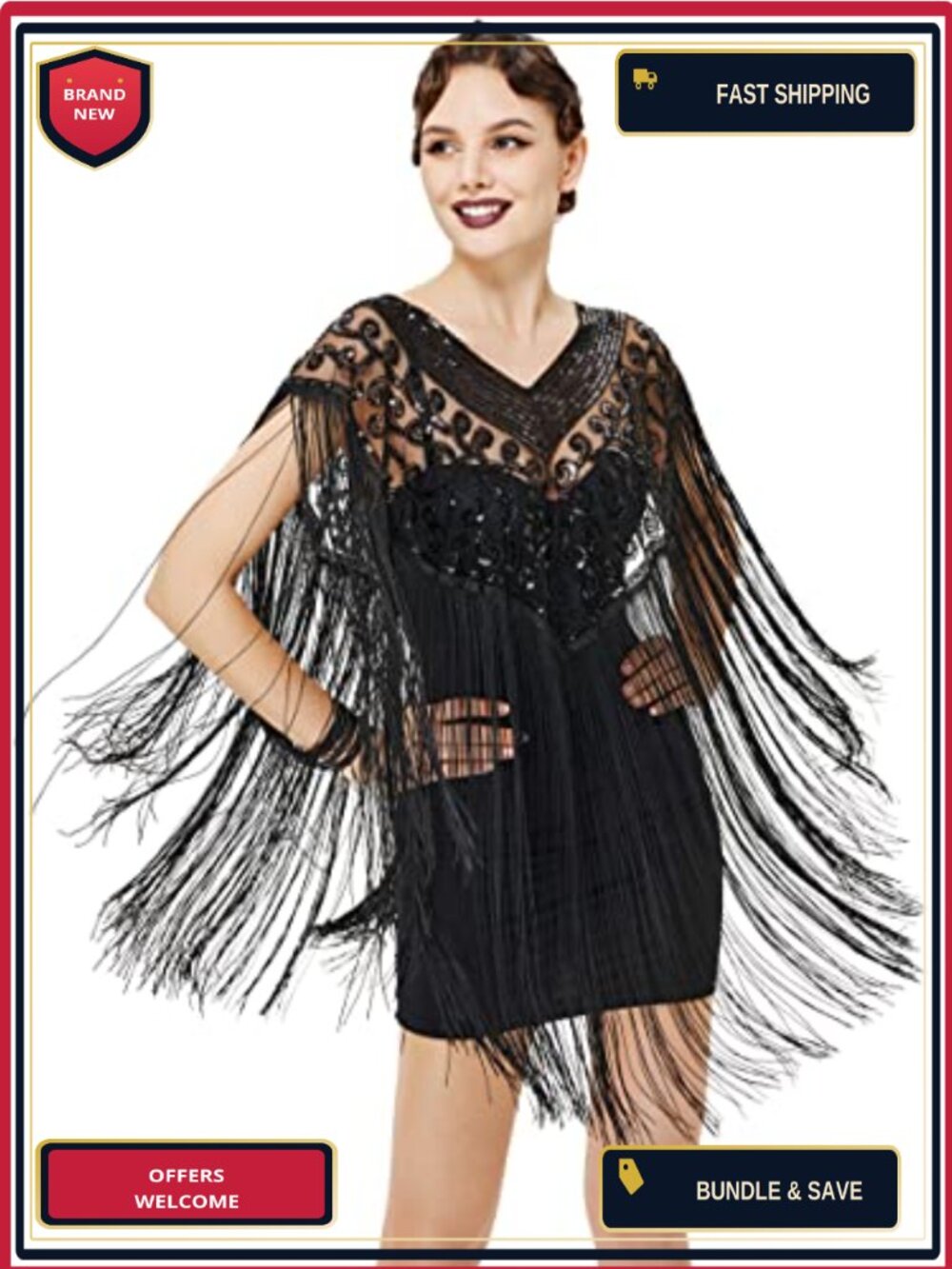 1920s Fringed Sequin Beaded Shawl Wrap Evening Cover Up